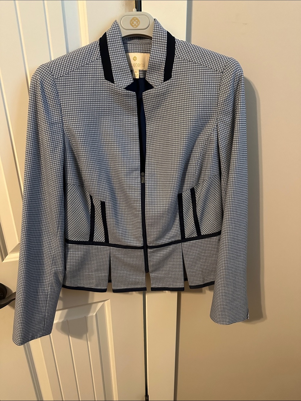 Etcetera Navy and White Houndstooth Zip-Front jacket